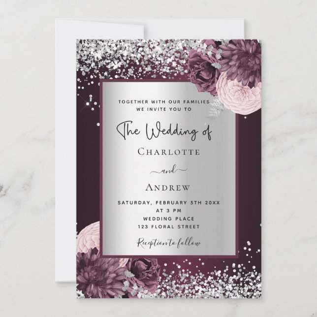 Invitación a la boda floral y elegante de plata de (Anverso)