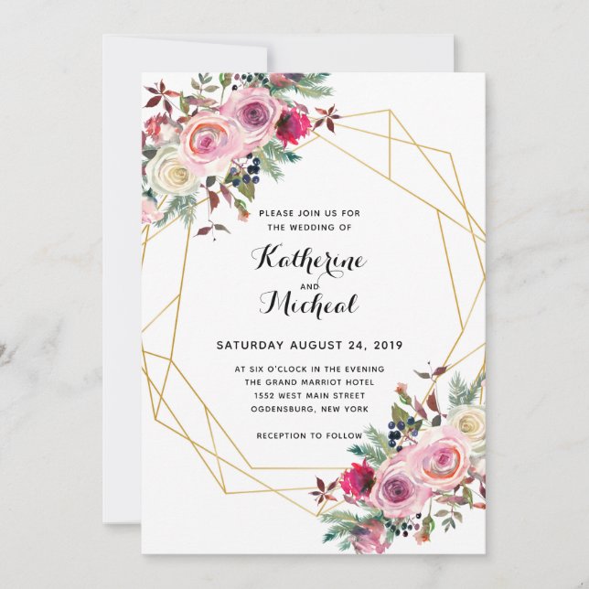 Invitación a la boda floral y geométrica de Rubor (Anverso)