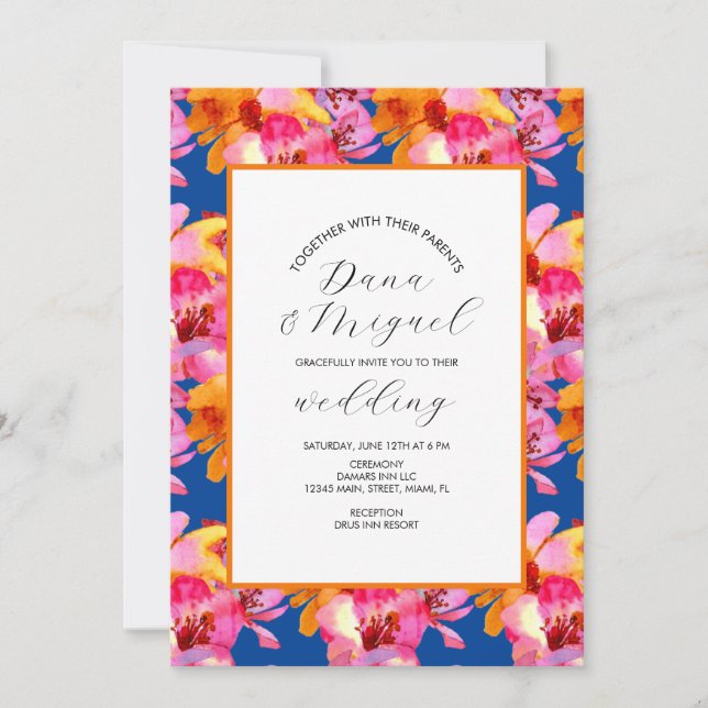 Invitación a la boda florals Blue Naranja Watercol (Anverso)