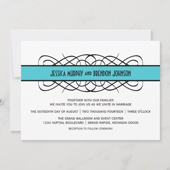 Invitación a la boda floreciente de Aqua Deco (Anverso)