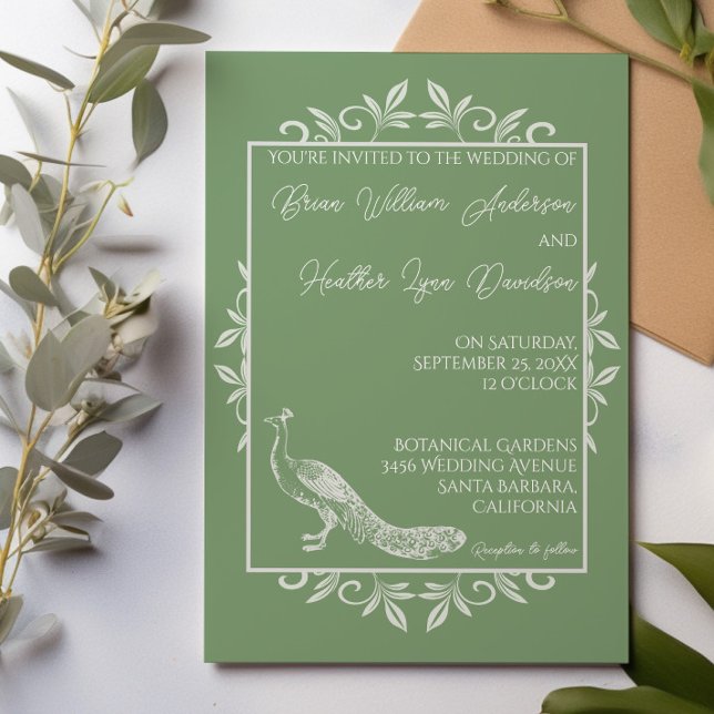Invitación a la Boda Floreciente del Pavo Real Mos (Moss Green Peacock Flourish Wedding Invitation)