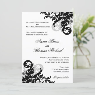 Invitación a la boda floreciente en negro y plata