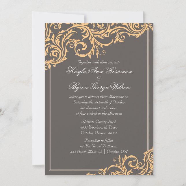 Invitación a la boda floreciente gris y amarilla (Anverso)