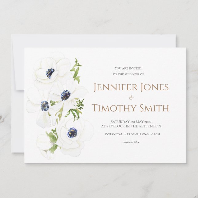 Invitación a la boda Flores anémónicas blancas (Anverso)