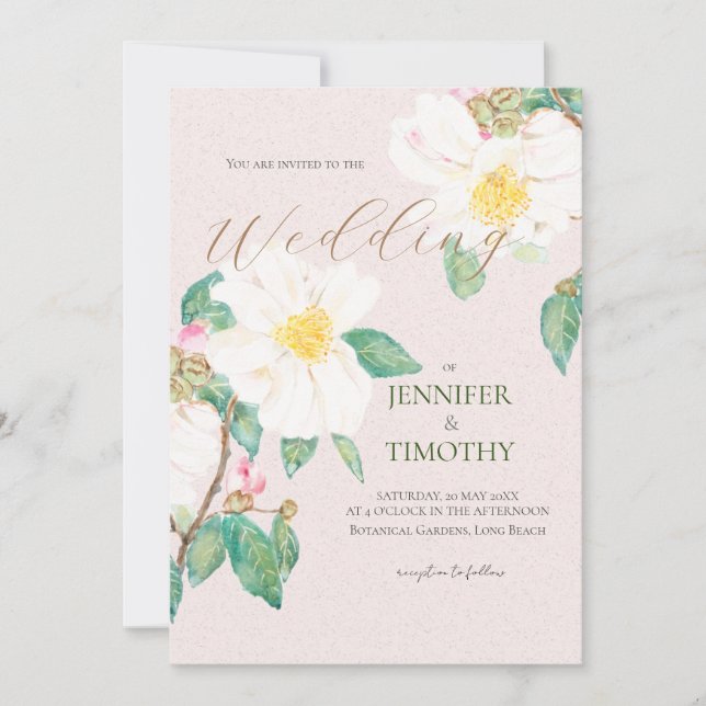 Invitación a la boda flores blancas de camelia (Anverso)