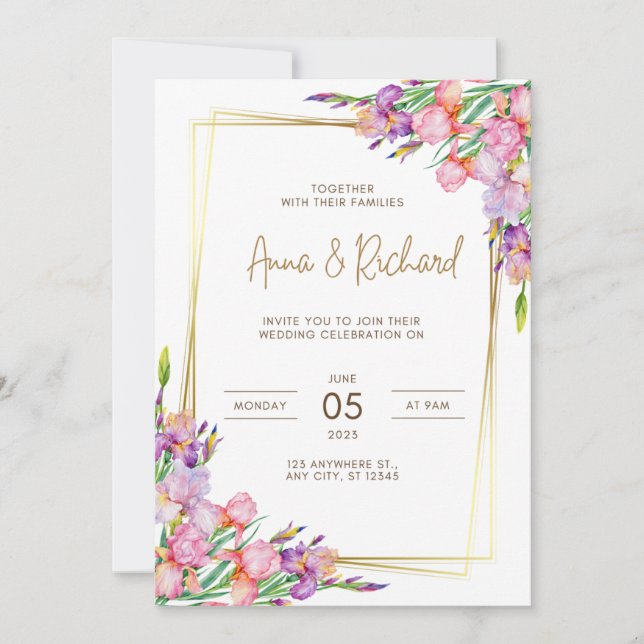 invitación a la boda Flores rosa de marco dorado (Anverso)