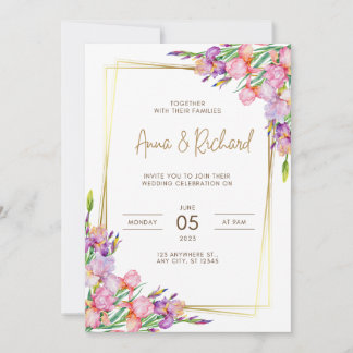 invitación a la boda Flores rosa de marco dorado