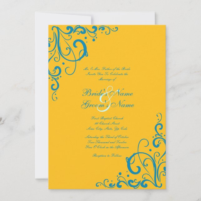 Invitación a la boda florida azul y amarilla (Anverso)