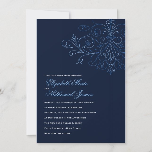 Invitación a la boda florida moderna Azul oscuro (Anverso)