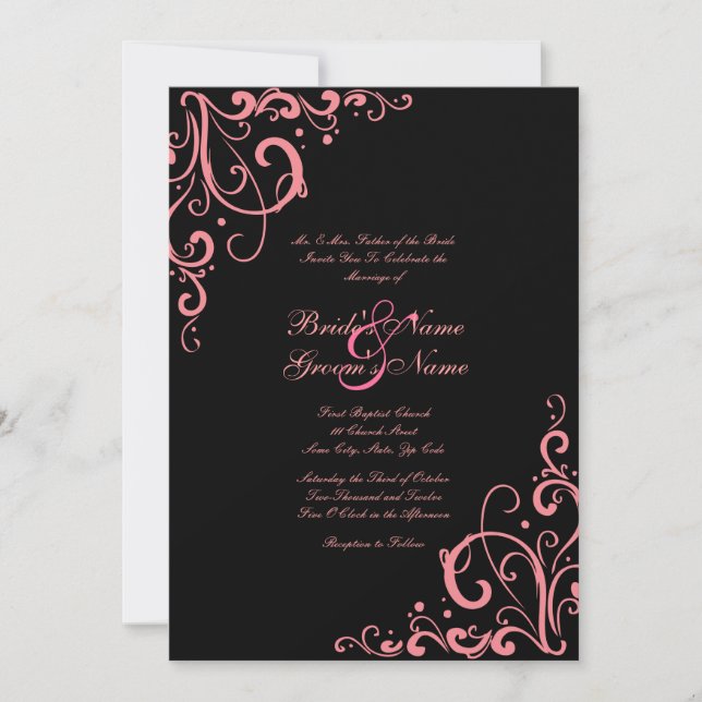 Invitación a la boda florida rosa y negra (Anverso)