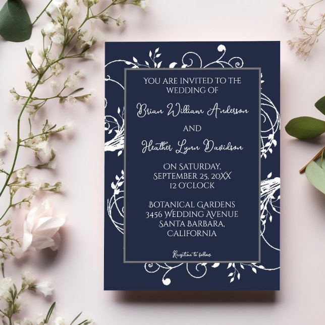 Invitación a la Boda Flourish Azul de la Marina (Navy Blue Flourish Wedding Invitation)