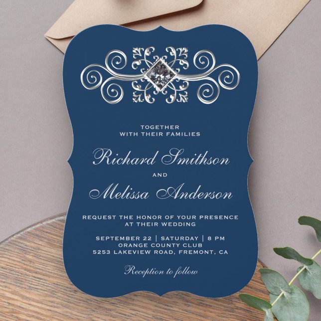 Invitación a la Boda Flourish de Plata Azul de Mar (Subido por el creador)