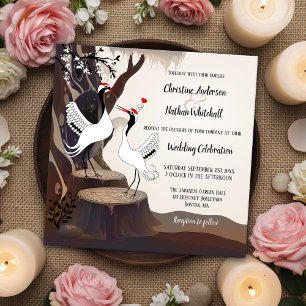 Invitación a la boda forestal de grullas japonesas