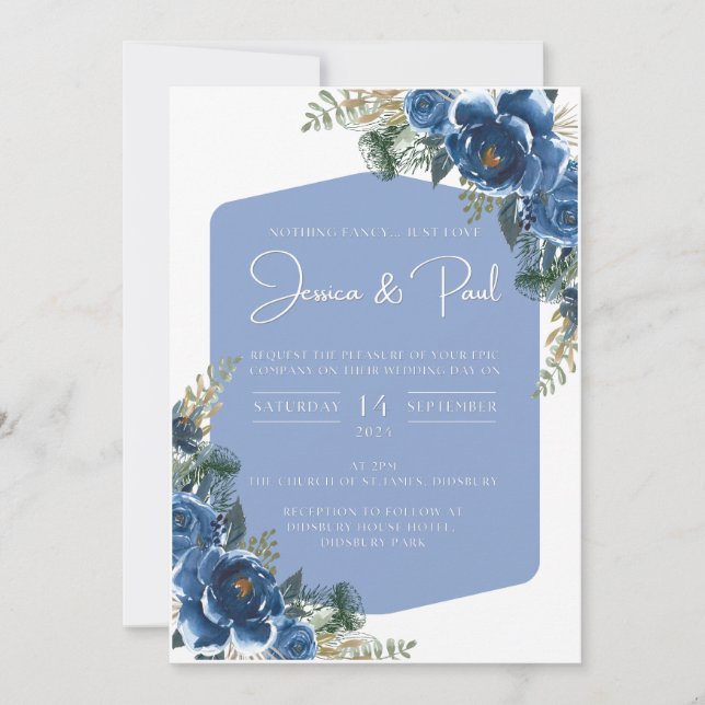 Invitación a la boda formal azul y blanca (Anverso)