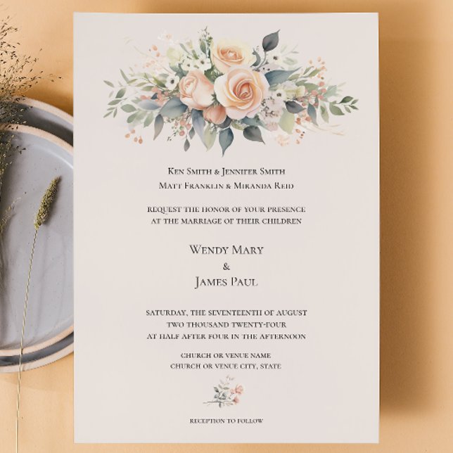 Invitación a la boda formal con brote de enganche  (Soft Peach Custom Wedding Invitation
)