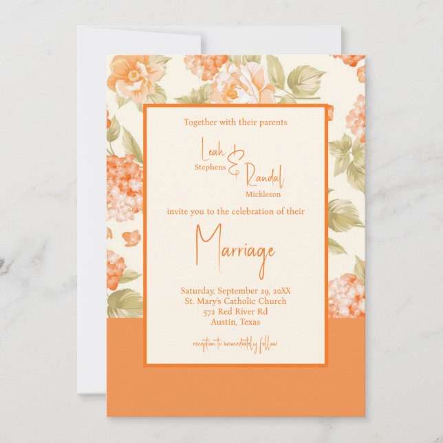 Invitación a la boda formal con naranja floral (Anverso)