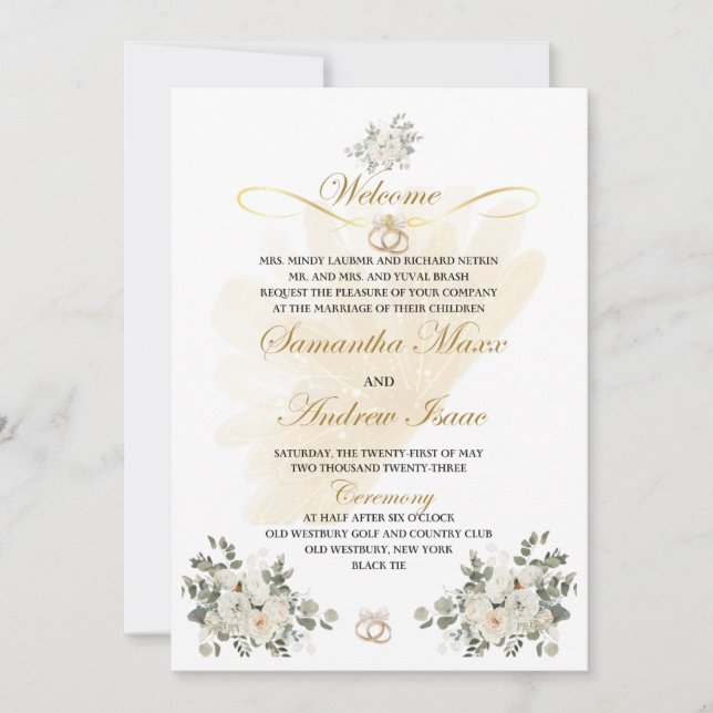 Invitación a la boda formal de oro y melocotón flo (Anverso)