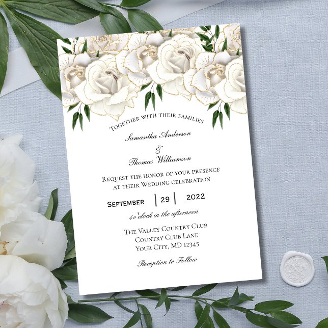 Invitación a la boda formal floral con Rosa de oro (White Gold Roses Floral Wedding Invitation. Printed or Digital instant download. Elegant and Formal)