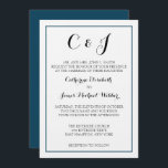 Invitación a la boda formal para decir a los padre<br><div class="desc">Este texto formal estándar de invitación a la boda para bodas acogidos por los padres de la novia. Se trata de una simple invitación blanca con un borde azul y la espalda.</div>