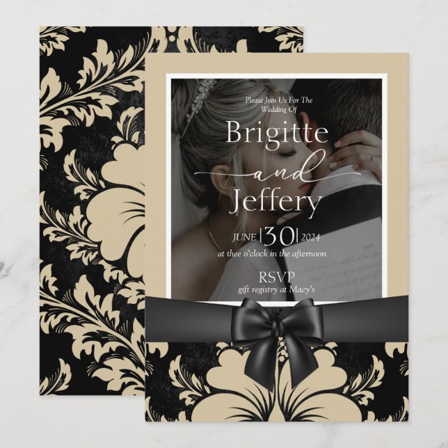 Invitación a la boda foto tradicional beige y negr (Anverso / Reverso)