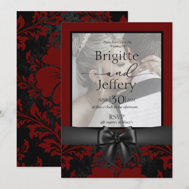 Invitación a la boda foto tradicional roja y negra (Anverso / Reverso)