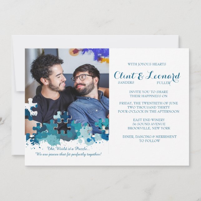 Invitación a la boda fotográfica azul de piezas de (Anverso)