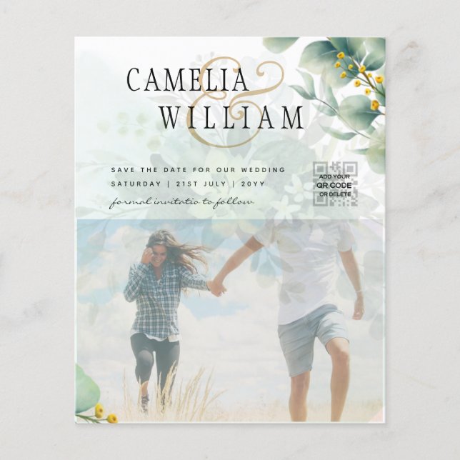 Invitación a la boda fotográfica, código Qr, hojas (Frente)