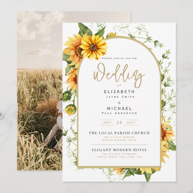 Invitación a la boda fotográfica con girasoles (Anverso / Reverso)