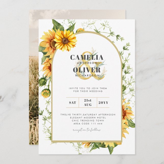 Invitación a la boda fotográfica con girasoles (Anverso / Reverso)