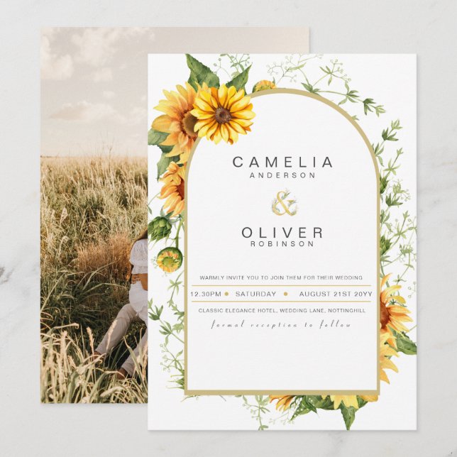 Invitación a la boda fotográfica con girasoles (Anverso / Reverso)