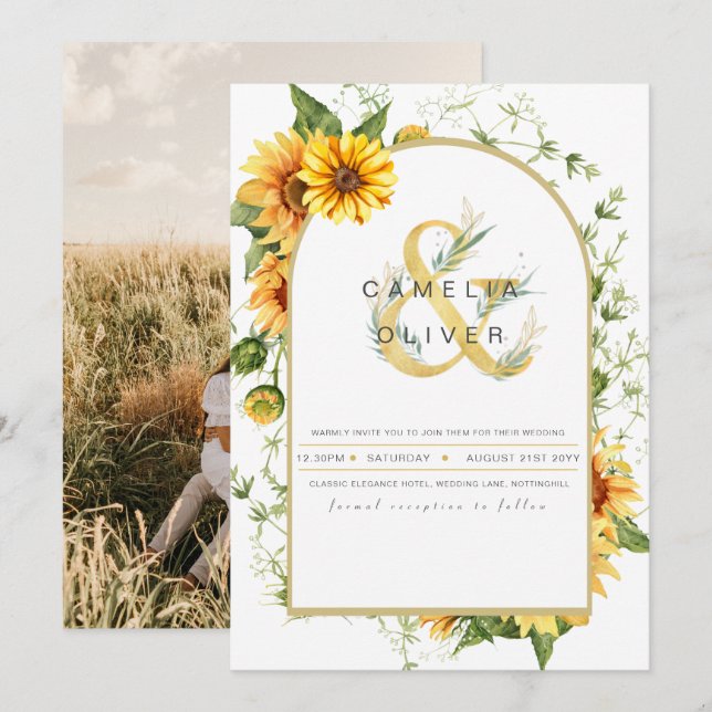 Invitación a la boda fotográfica con girasoles (Anverso / Reverso)