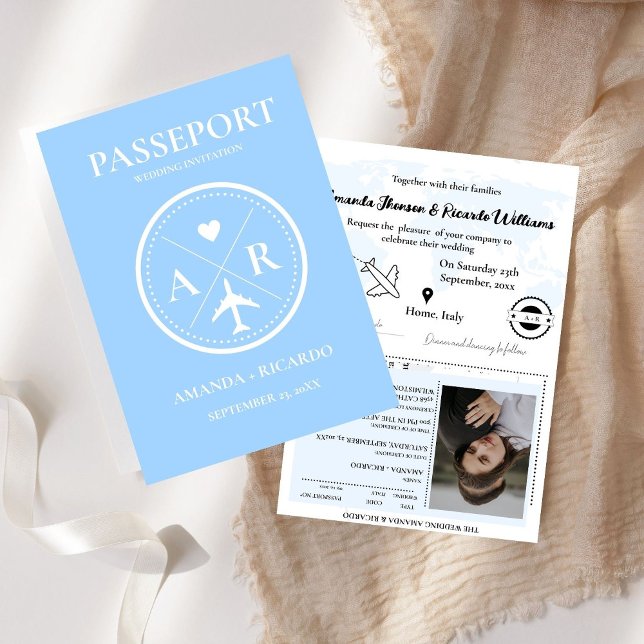 Invitación a la boda fotográfica con pasaporte azu (Subido por el creador)