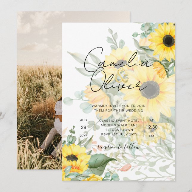 Invitación a la boda fotográfica de girasoles mode (Anverso / Reverso)