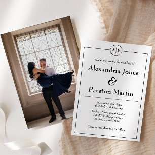 Invitación a la boda fotográfica de monograma blan