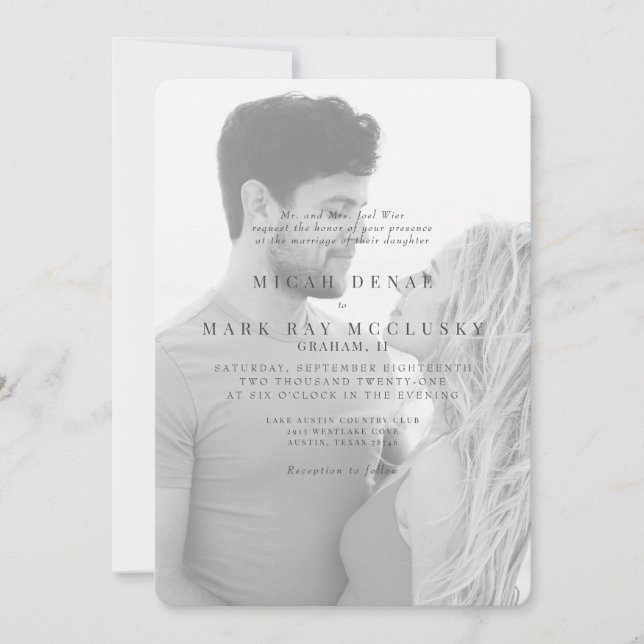 Invitación a la boda fotográfica en blanco y negro (Anverso)