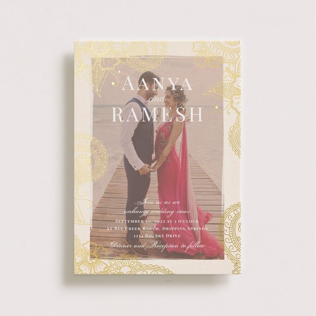 Invitación a la boda fotográfica Mehndi con oro re (Subido por el creador)