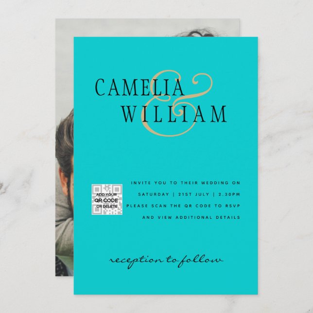 Invitación a la boda fotográfica QRCode RSVP Azul  (Anverso / Reverso)