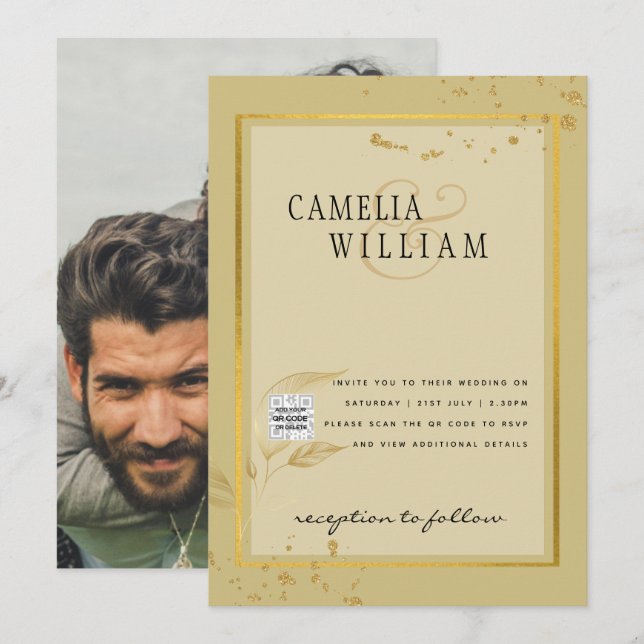 Invitación a la boda fotográfica QRCode RSVP Oro A (Anverso / Reverso)