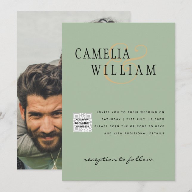 Invitación a la boda fotográfica QRCode RSVP Sage  (Anverso / Reverso)
