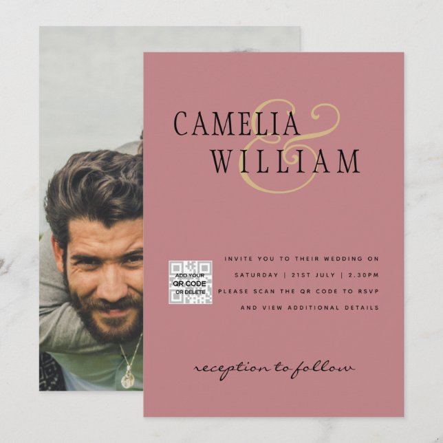 Invitación a la boda fotográfica Rosa de QRCode RS (Anverso / Reverso)