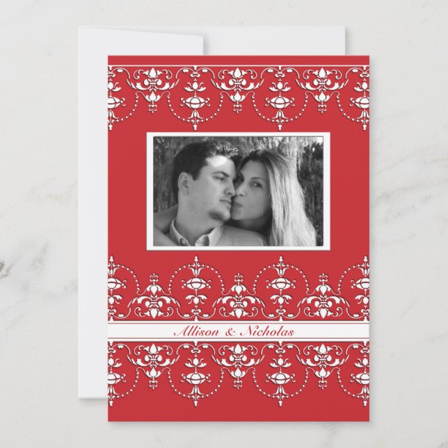 Invitación a la boda fotográfica victoriana roja y (Anverso)