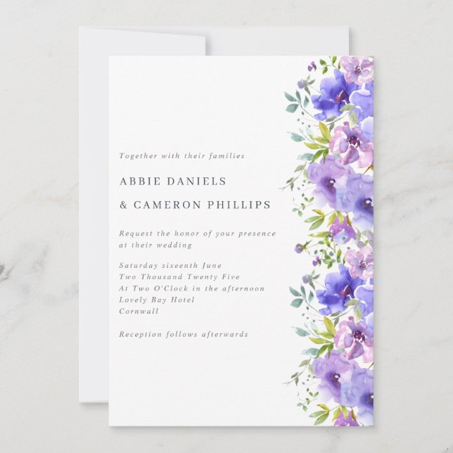 Invitación a la boda fronteriza de flores violetas (Anverso)