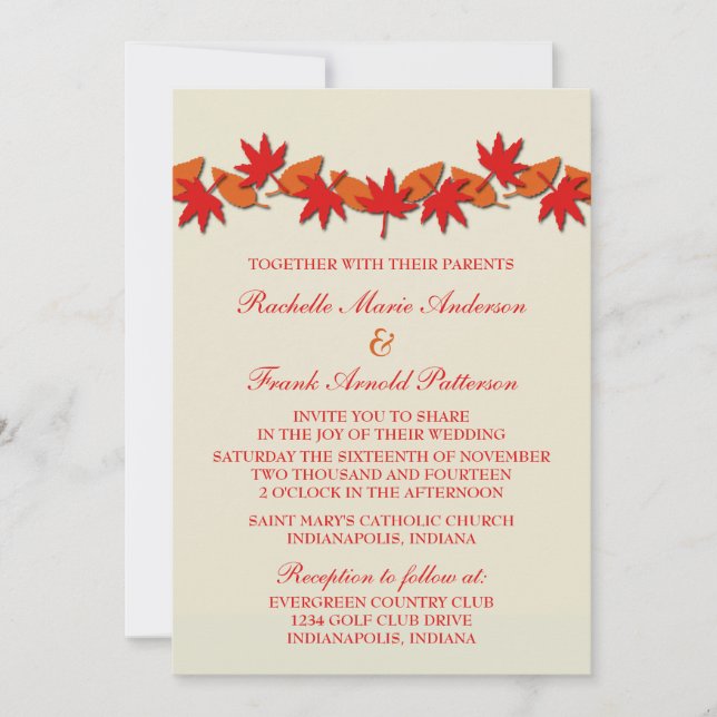 Invitación a la boda fronteriza de hojas de otoño, (Anverso)