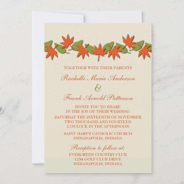 Invitación a la boda fronteriza de hojas de otoño, (Anverso)