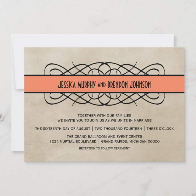 Invitación a la boda fronteriza de naranja floreci (Anverso)