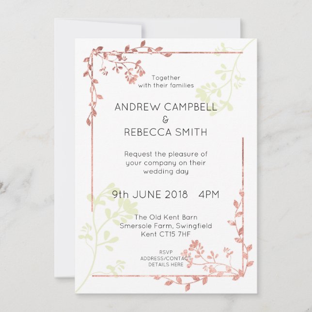 Invitación a la boda fronteriza de Rosa de oro dej (Anverso)