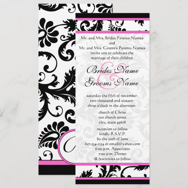 Invitación a la boda Fuchsia 9x4 Damask Swirls (Anverso / Reverso)