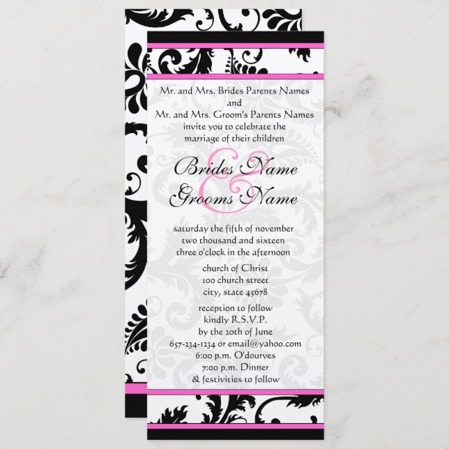Invitación a la boda Fuchsia 9x4 Damask Swirls