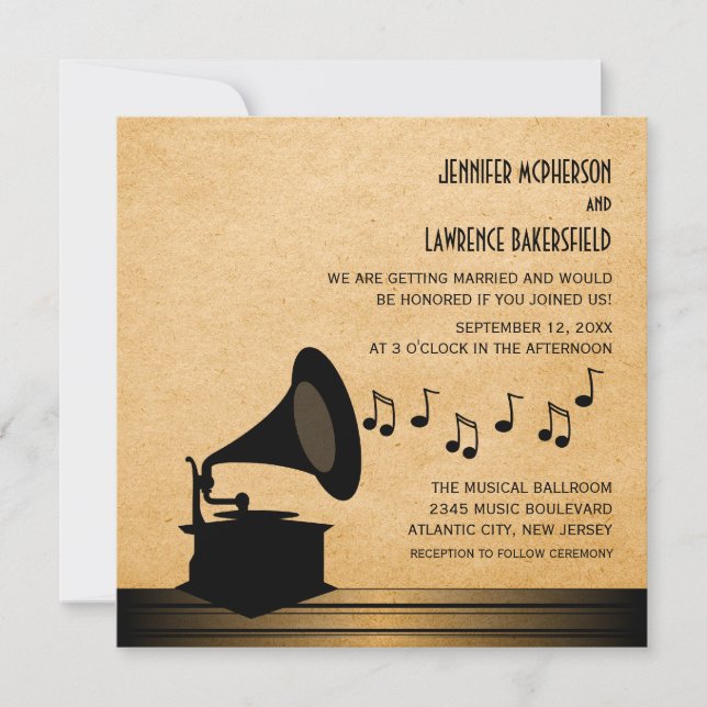 Invitación a la boda gamofófona de Ebony Vintage (Anverso)