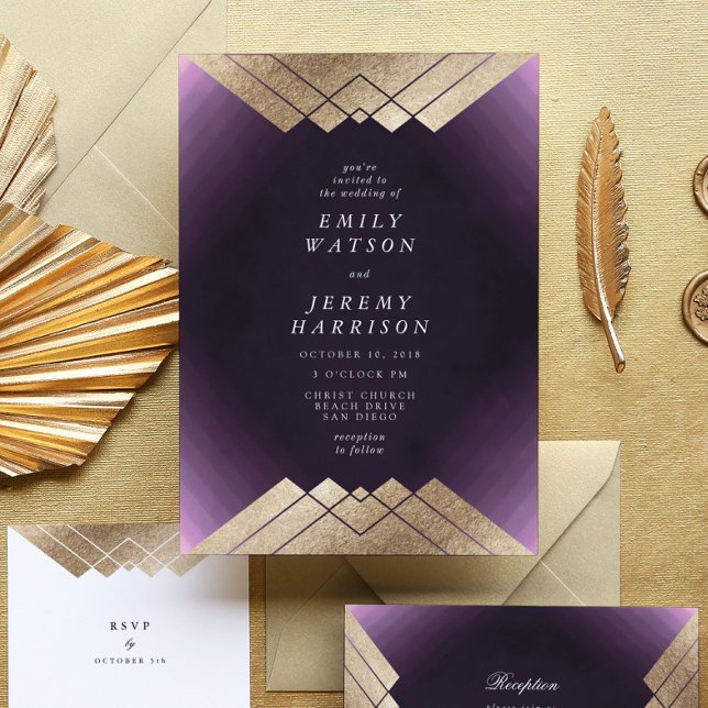 Invitación a la Boda Gatsby de Oro Geométrico Púrp (Subido por el creador)